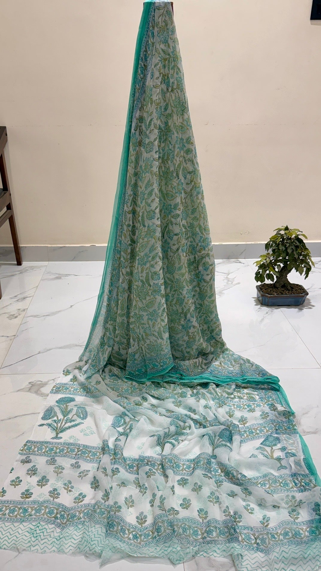 Pure Chiffon Handblock Printed Saree in Mint Green & Teal Blue Floral Motif Print