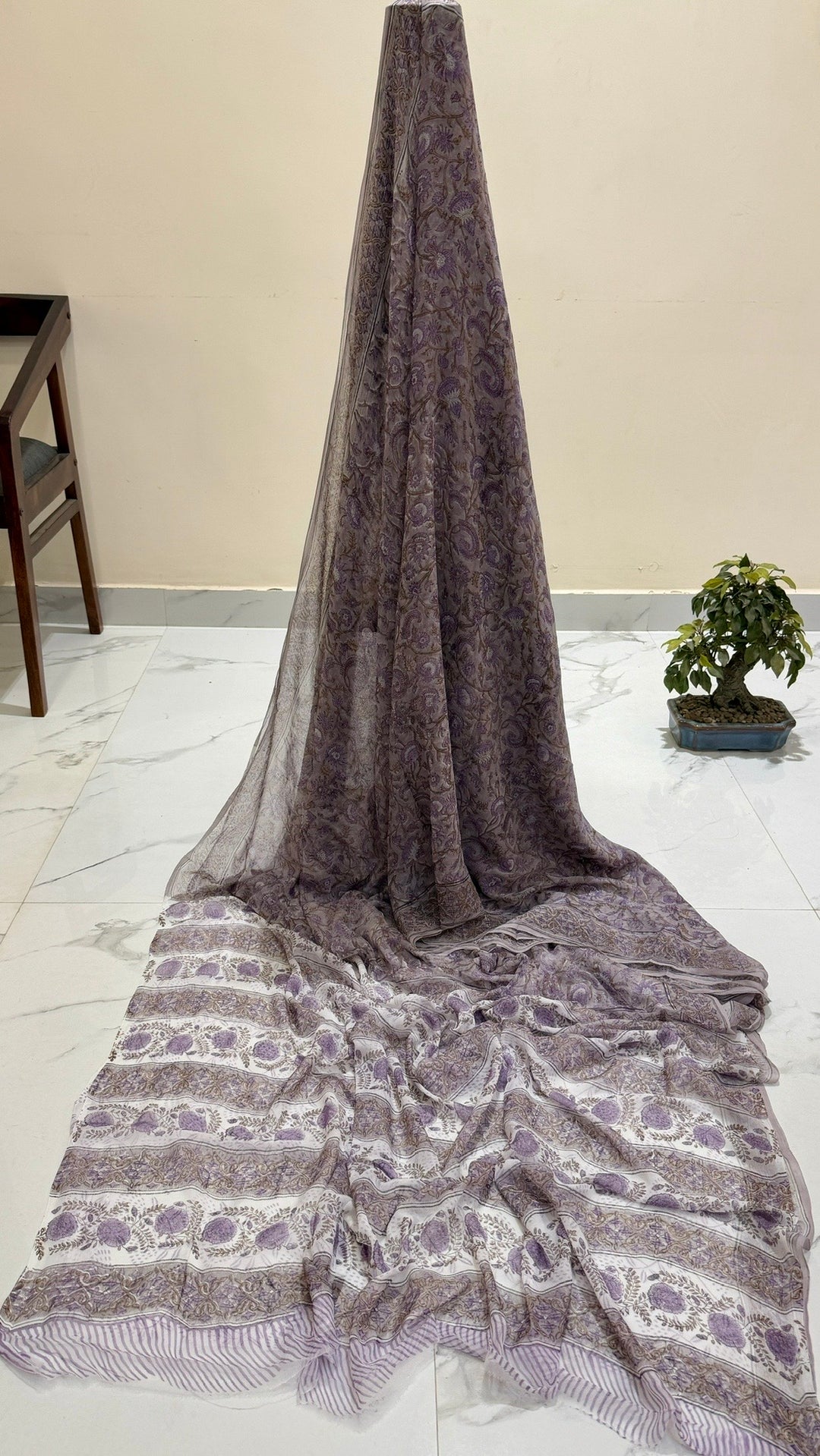 Pure Chiffon Handblock Printed Saree in Mauve & Dusty Purple Floral Jaal Print