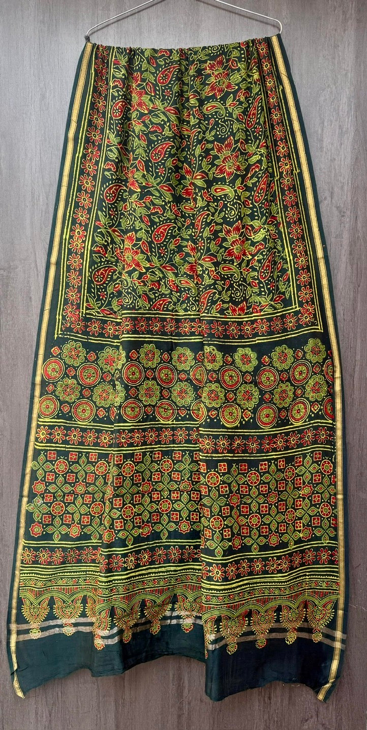 Chanderi Bagru Handblock Printed Silk Cotton Saree With Blouse - Ajrakh Green
