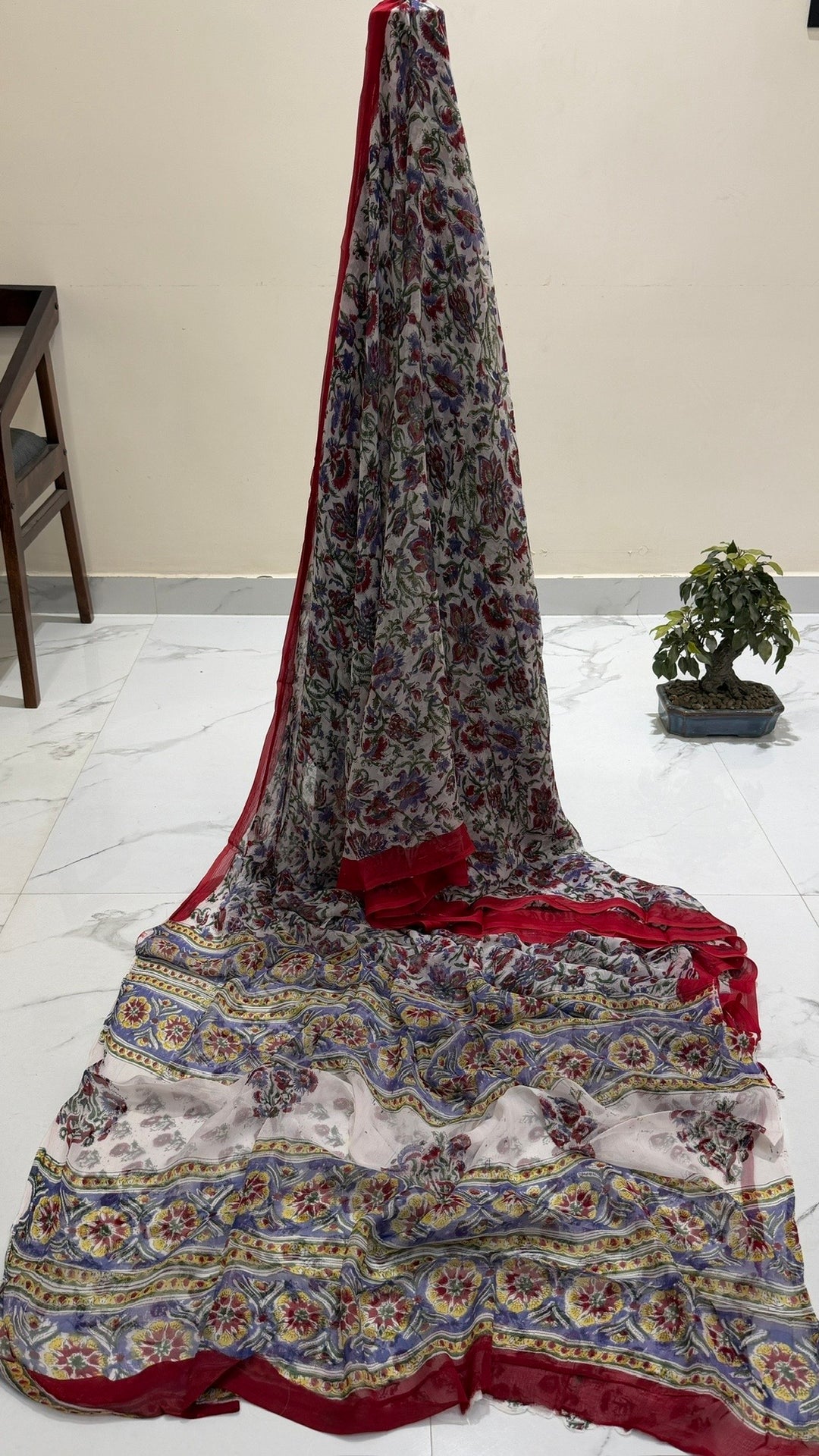 Pure Chiffon Handblock Printed Saree in Off-White & Crimson Red Floral Jaal Print
