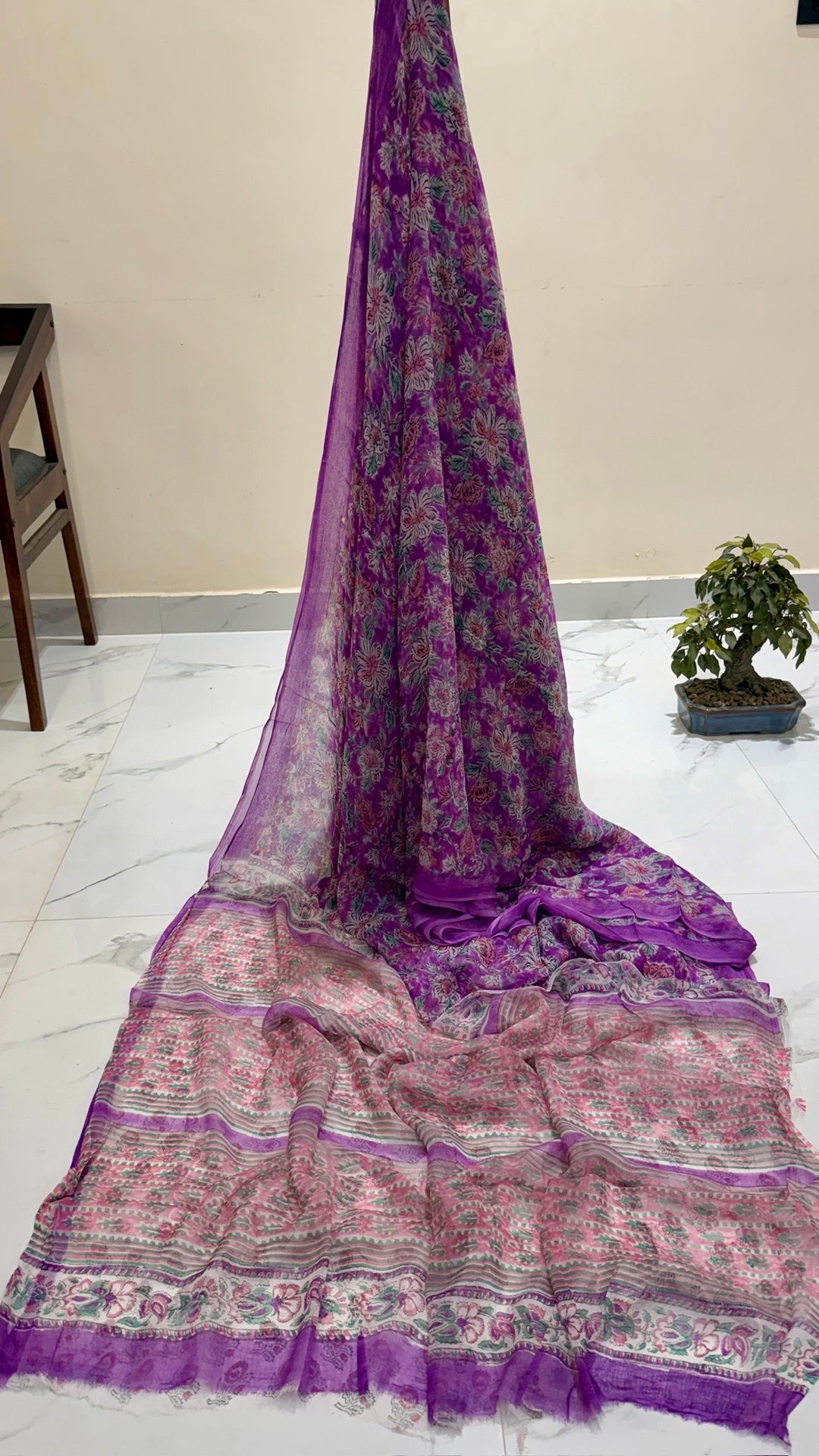 Pure Chiffon Handblock Printed Saree in Bright Purple & Magenta All-Over Floral Print