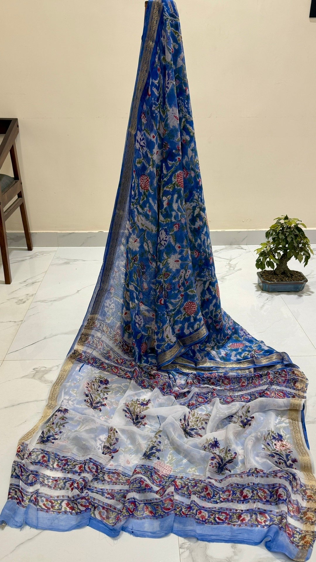 Pure Chiffon Handblock Printed Saree in Royal Blue & Multicolor Mughal Floral Jaal