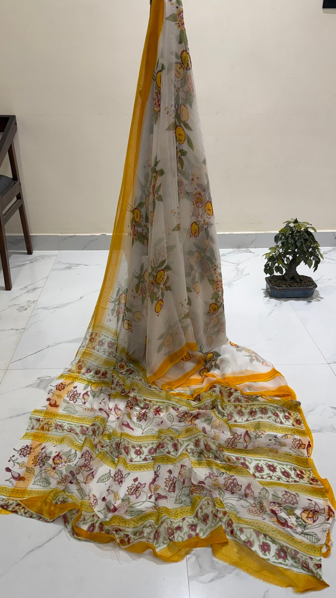 Pure Chiffon Handblock Printed Saree in Ivory & Mustard Yellow Citrus Floral Jaal