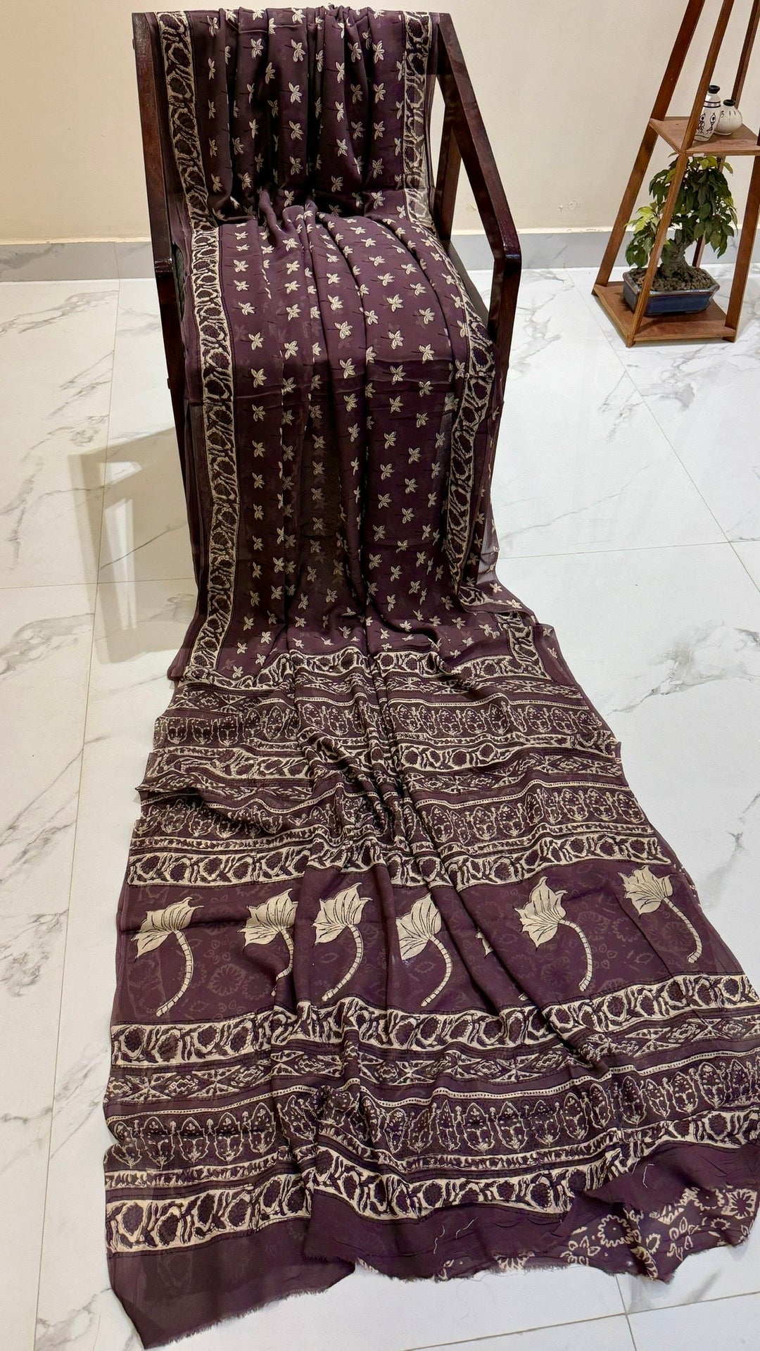 Deep Plum Handblock Printed Georgette Saree with Floral Buti & Lotus Pallu