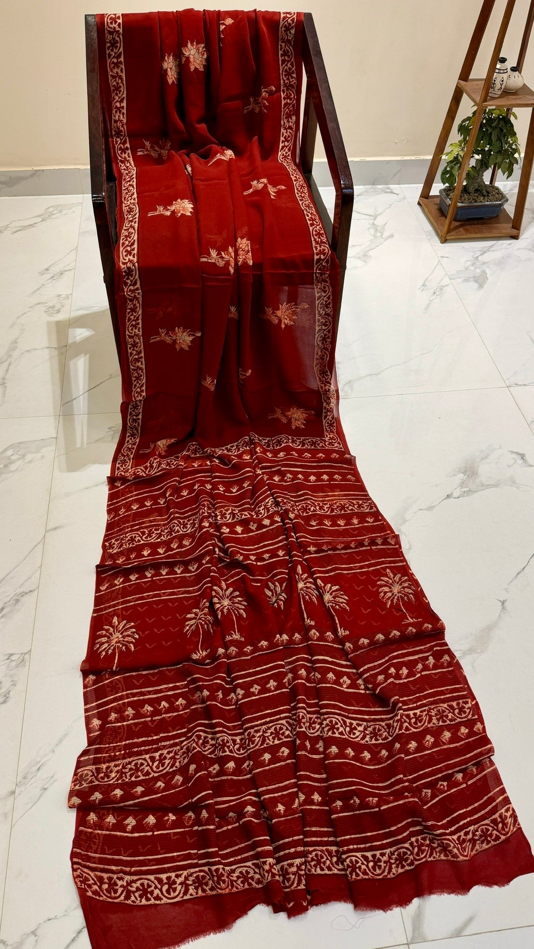 Crimson Red Handblock Printed Georgette Saree with Palm Motif Pallu