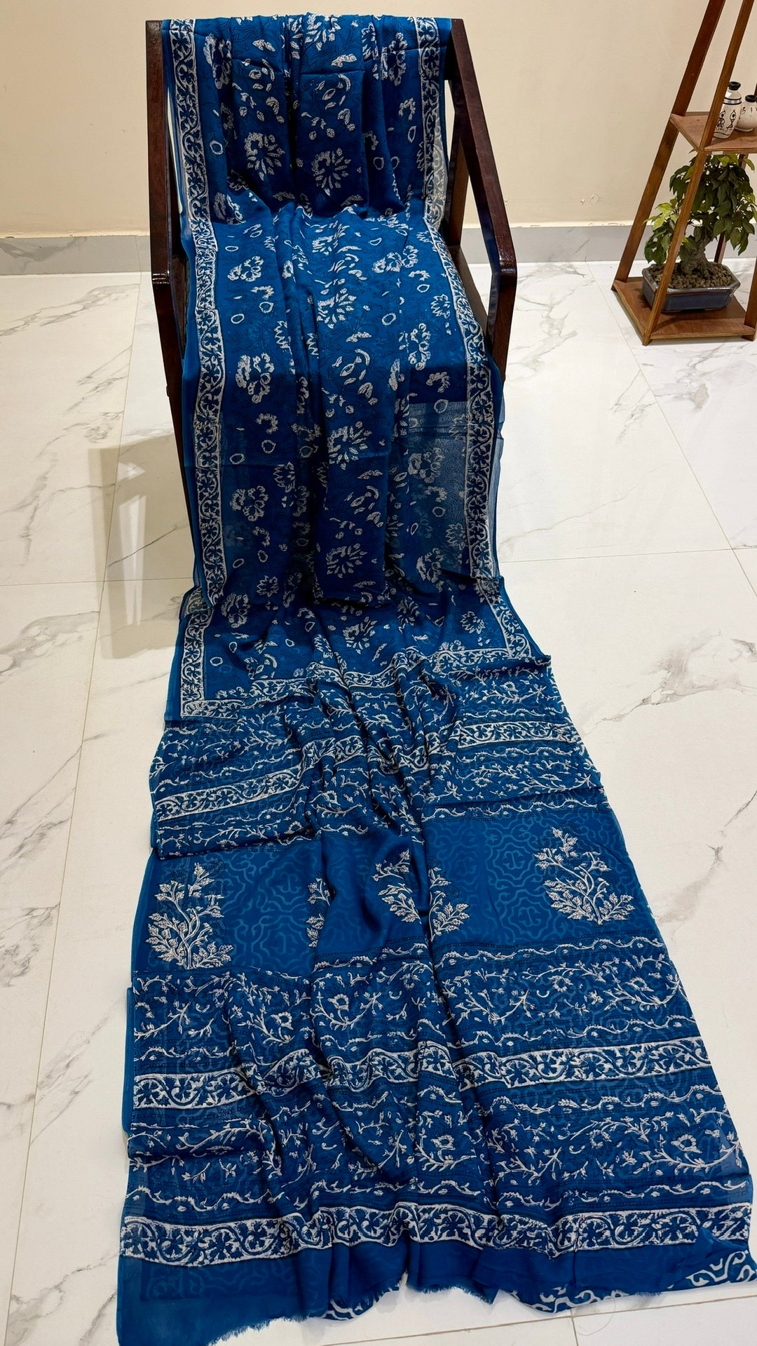 Royal Blue Handblock Printed Georgette Saree with Traditional Floral Motifs
