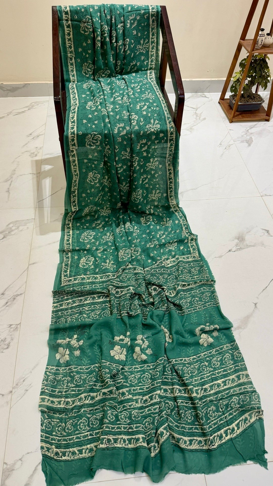 Seafoam Green Handblock Printed Georgette Saree with Hibiscus Print Pallu