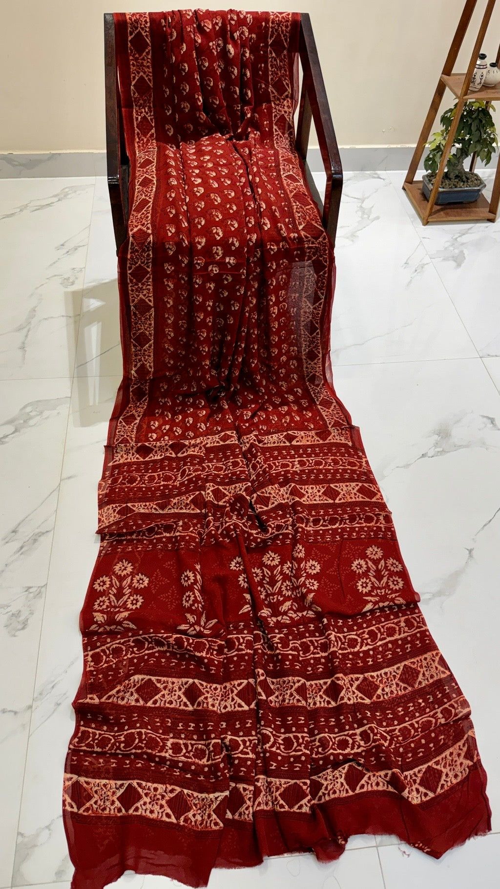 Maroon Red Handblock Printed Georgette Saree with Paisley Buti & Geometric Borders