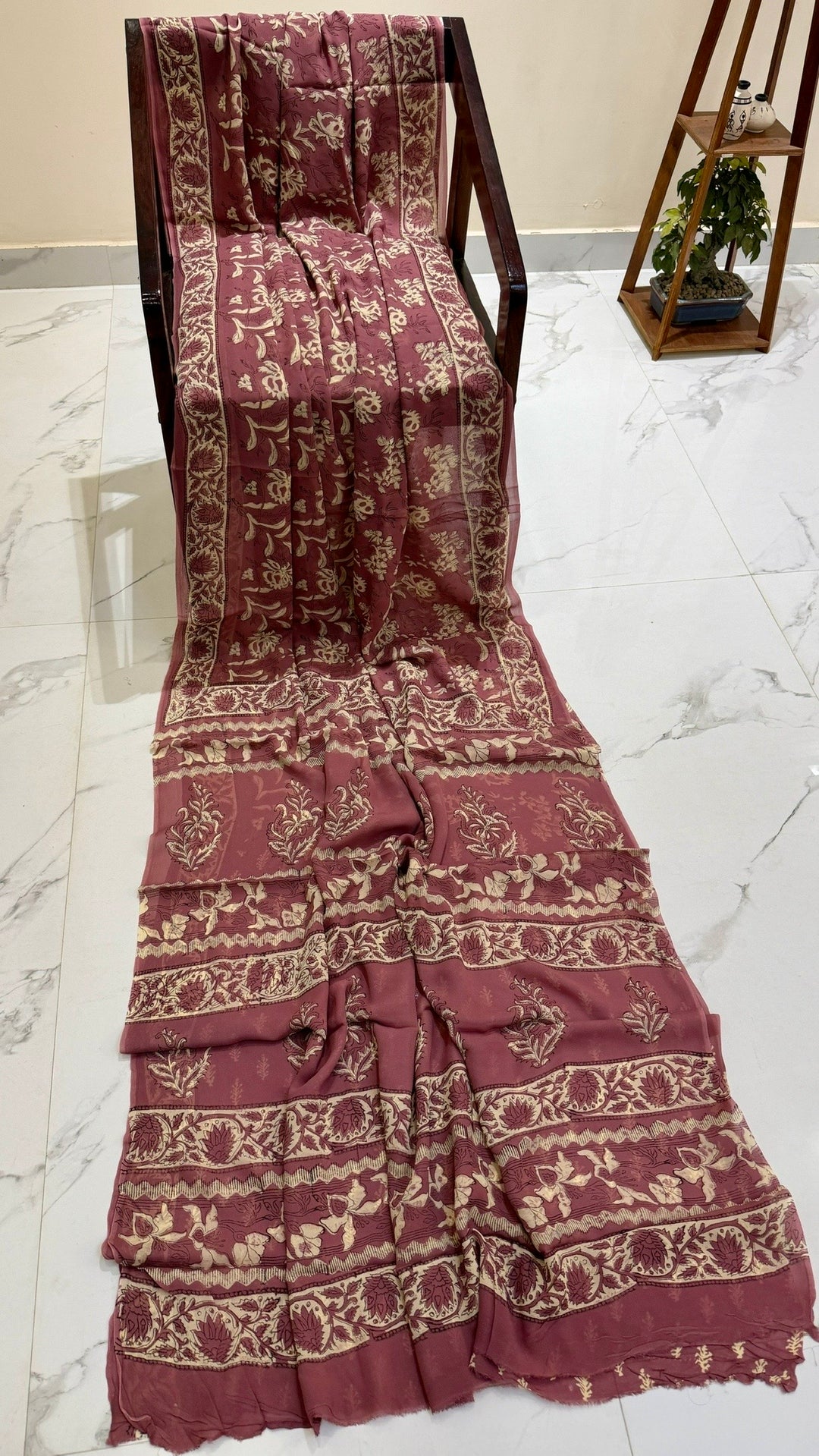 Dusty Rose Pink Handblock Printed Georgette Saree with Vine & Floral Borders