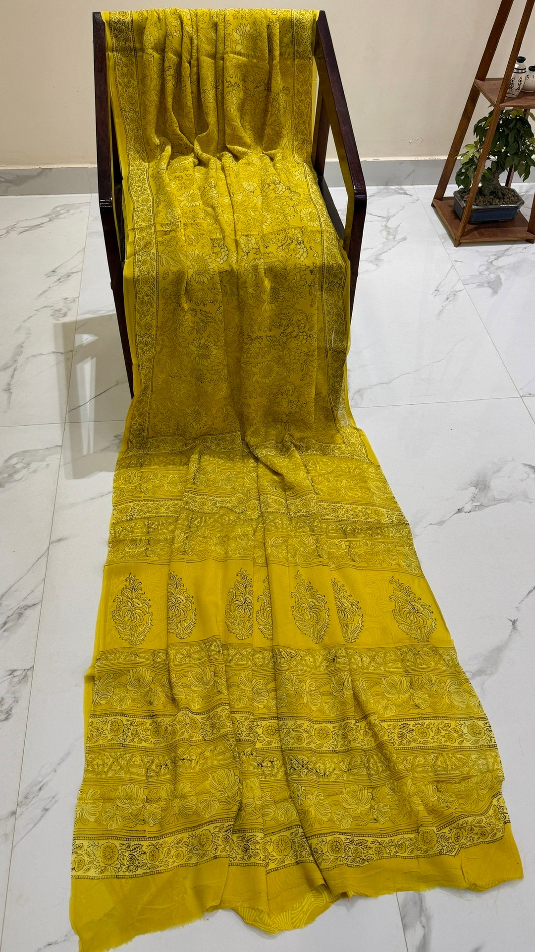 Mustard Yellow Handblock Printed Georgette Saree with Fine Paisley & Floral Print