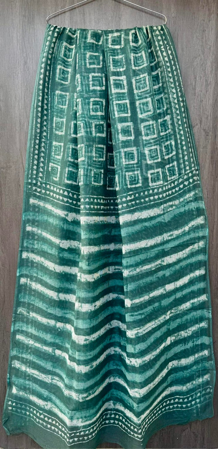 Pure Kota Doria Handblock Printed Lightweight Sarees With Blouse - Rama Green