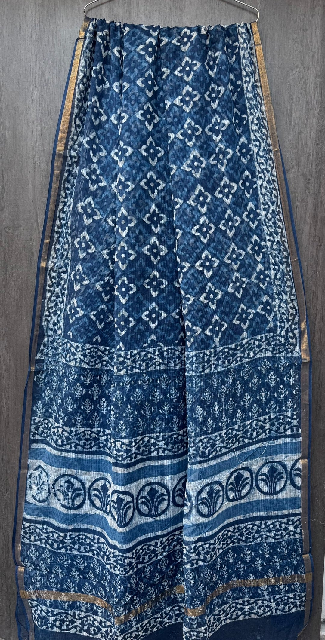 Natural Indigo Dabu Block Printed Kota Doria Saree with Sleek Zari Border