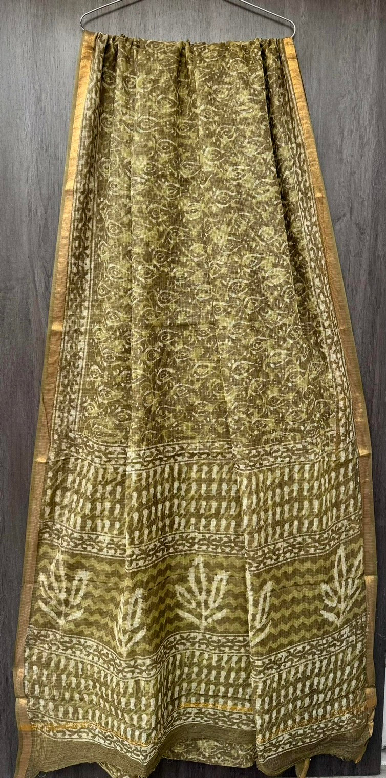 Daabu Pure Kota Doria Handblock Printed Lightweight Sarees With Blouse - Olive Green