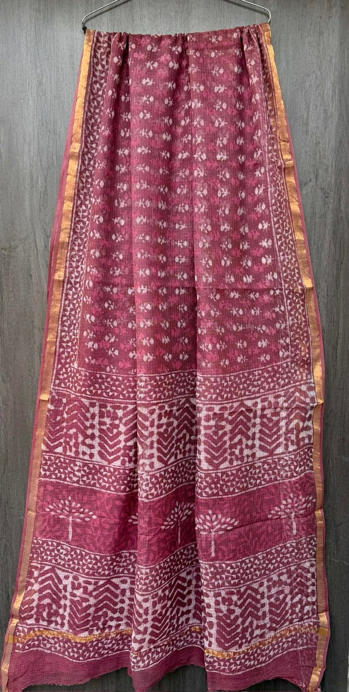 Pure Kota Doria Handblock Printed Lightweight Sarees With Blouse - Dusty Pink