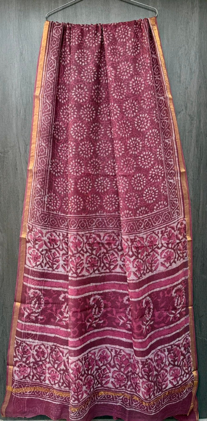 Pure Kota Doria Handblock Printed Lightweight Sarees With Blouse - Dusty Pink