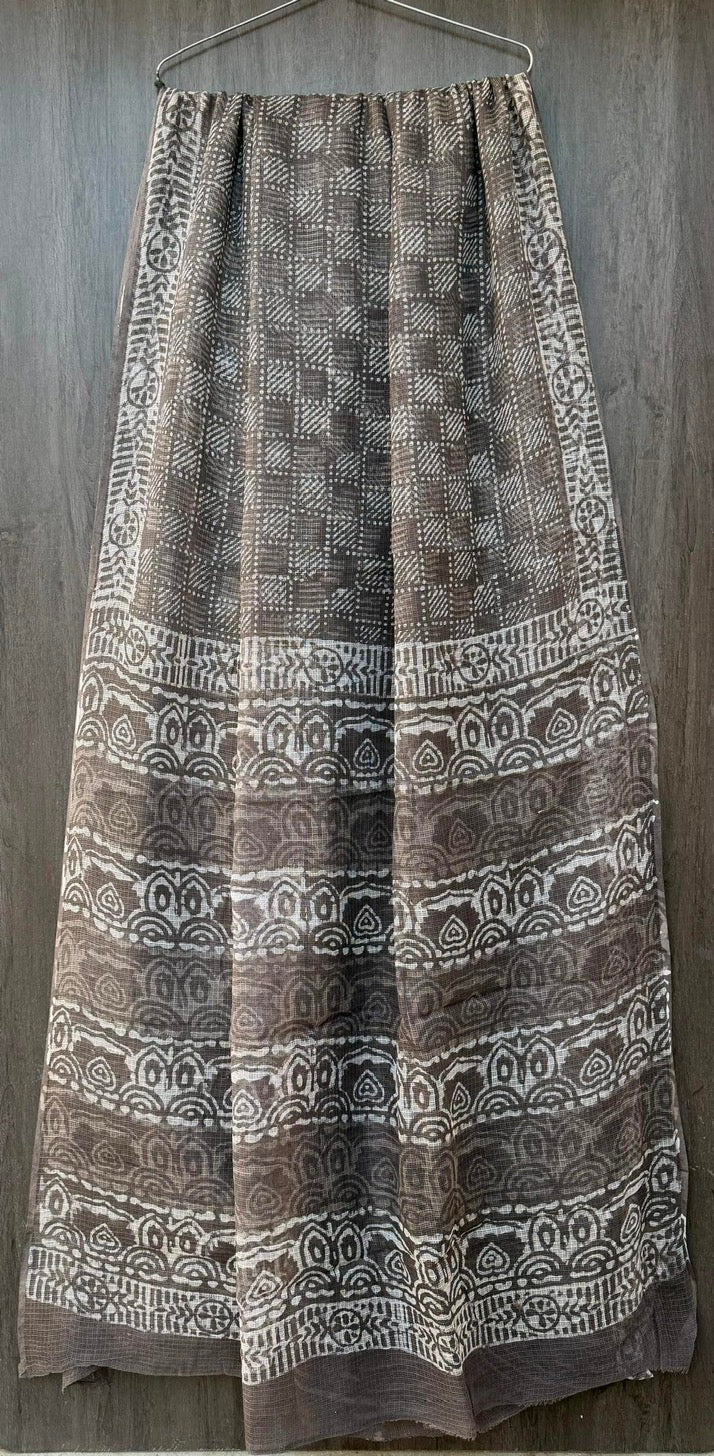 Kashish Pure Kota Doria Handblock Printed Lightweight Sarees With Blouse - Brown