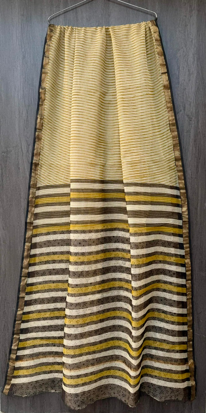 Geometrical Pure Kota Doria Handblock Printed Lightweight Sarees With Blouse - Bagru Mastard