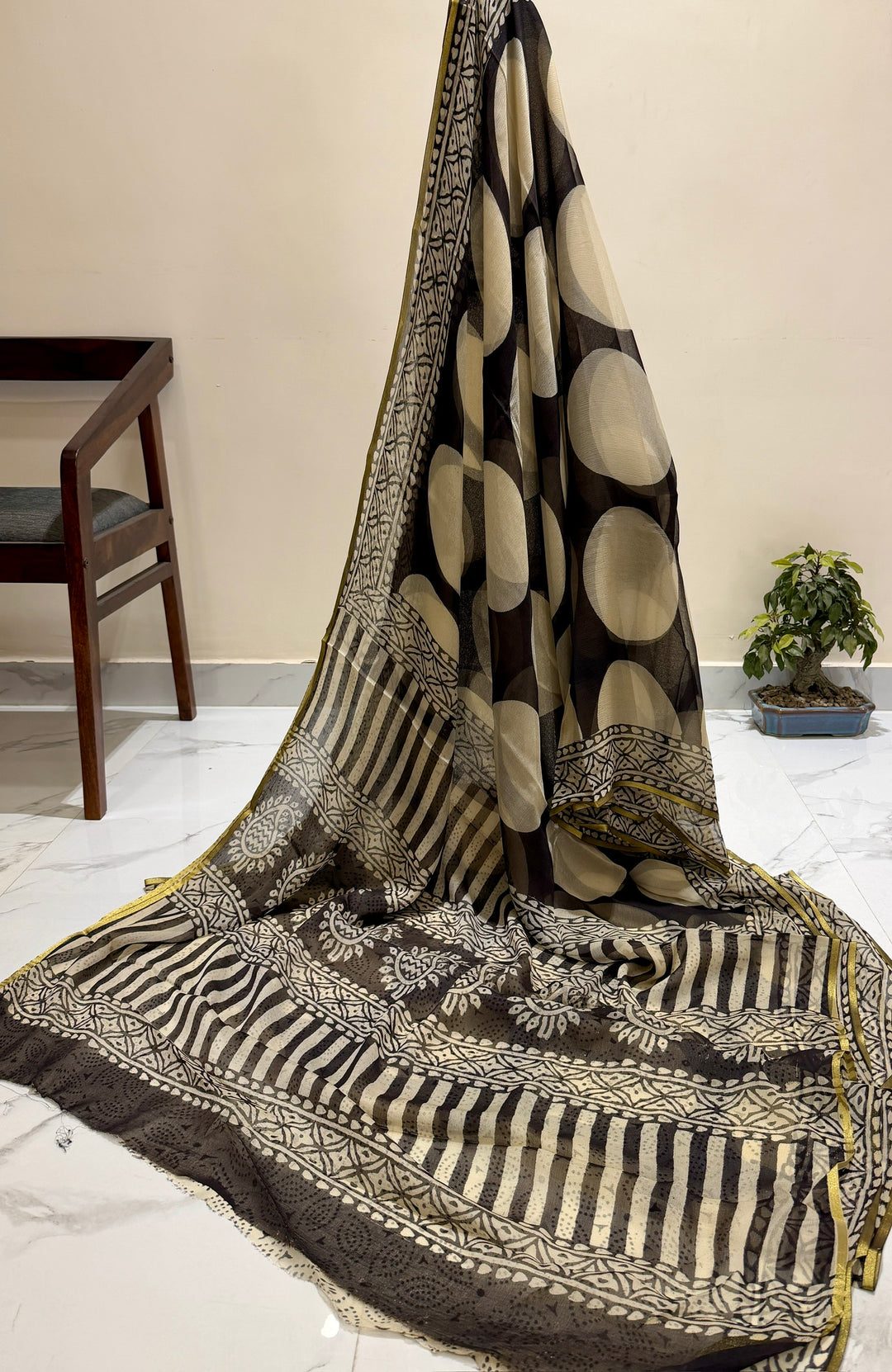 Premium Handblock printed Pure Double Diamond Chiffon saree  - black and beige bagru