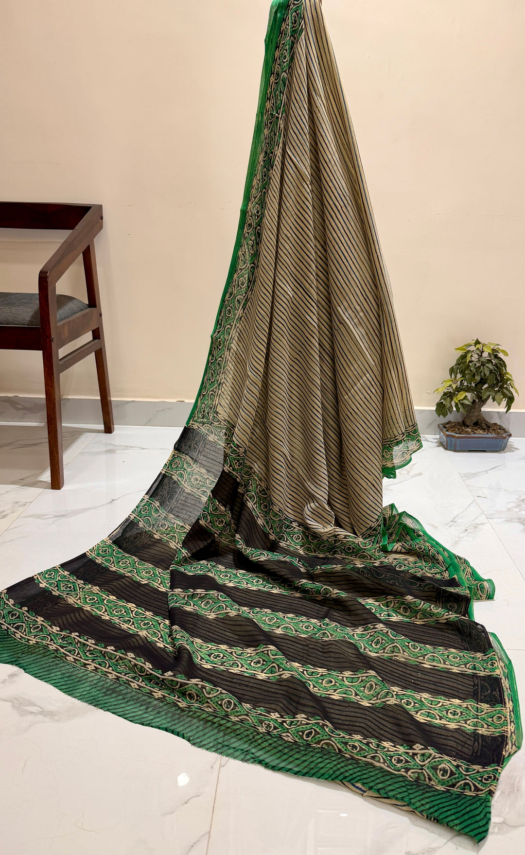 Premium Handblock printed Pure Double Diamond Chiffon saree  - Geometrical print with green pipin