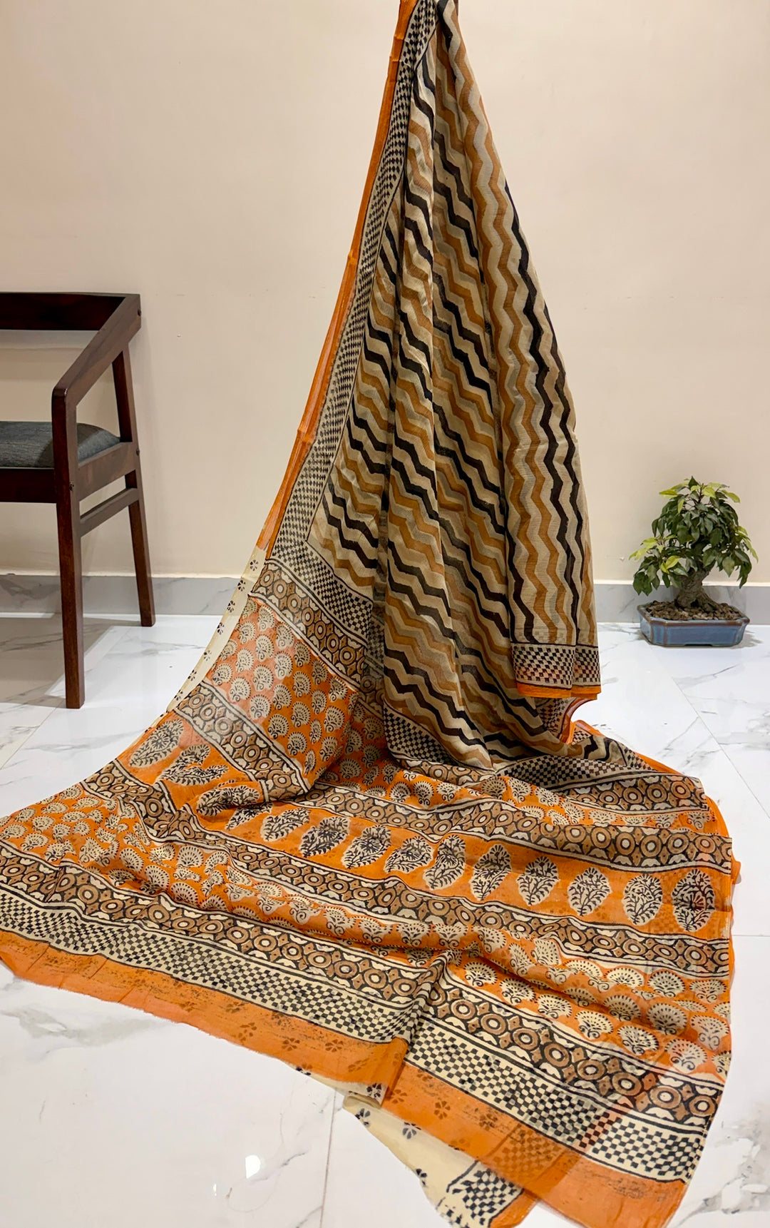 Premium Handblock printed Pure Double Diamond Chiffon saree  - Black and mustard Zig zag
