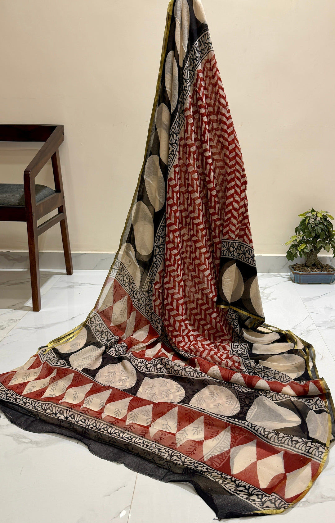 Premium Handblock printed Pure Double Diamond Chiffon saree  - Geometrical bagru