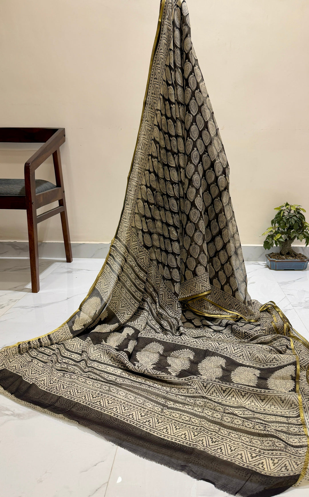 Premium Handblock printed Pure Double Diamond Chiffon saree  - Beige and black bagrru