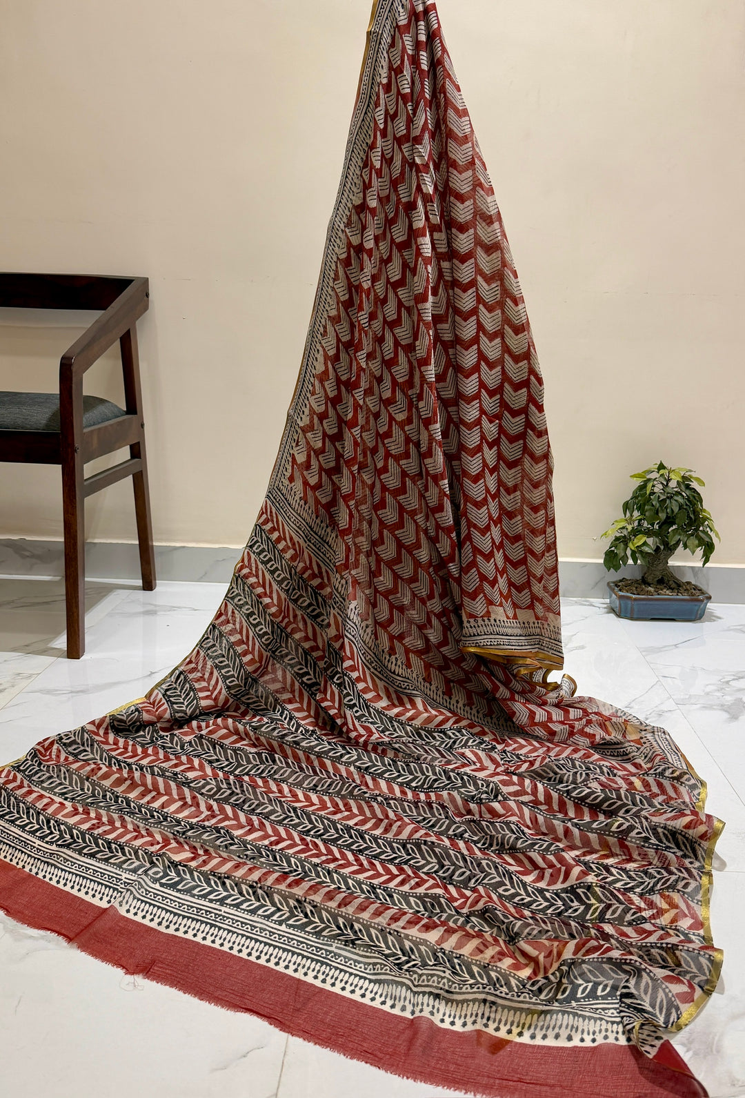 Premium Handblock printed Pure Double Diamond Chiffon saree  - Traditional red