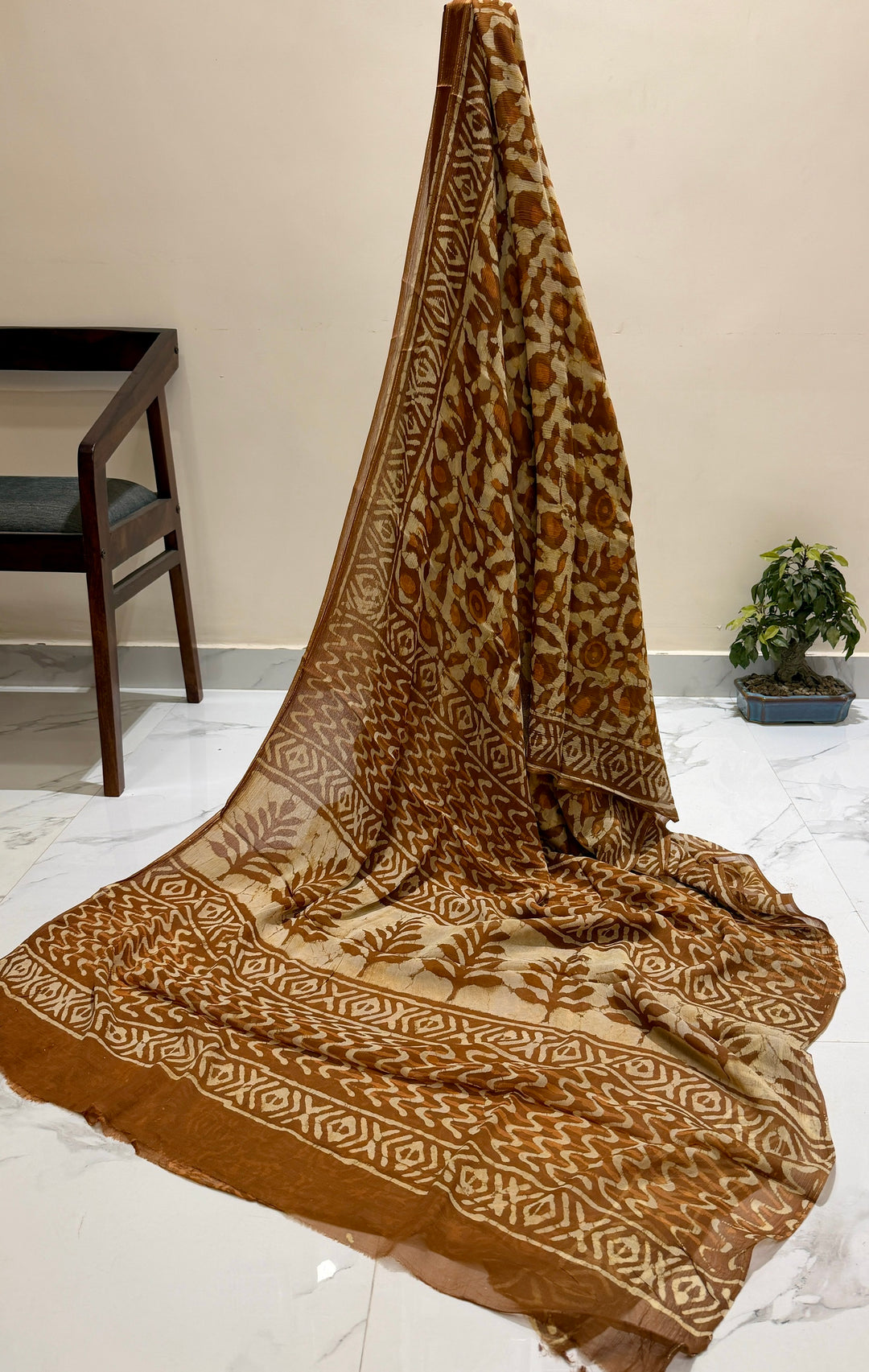 Premium Handblock printed Pure Double Diamond Chiffon saree  - Brown GG