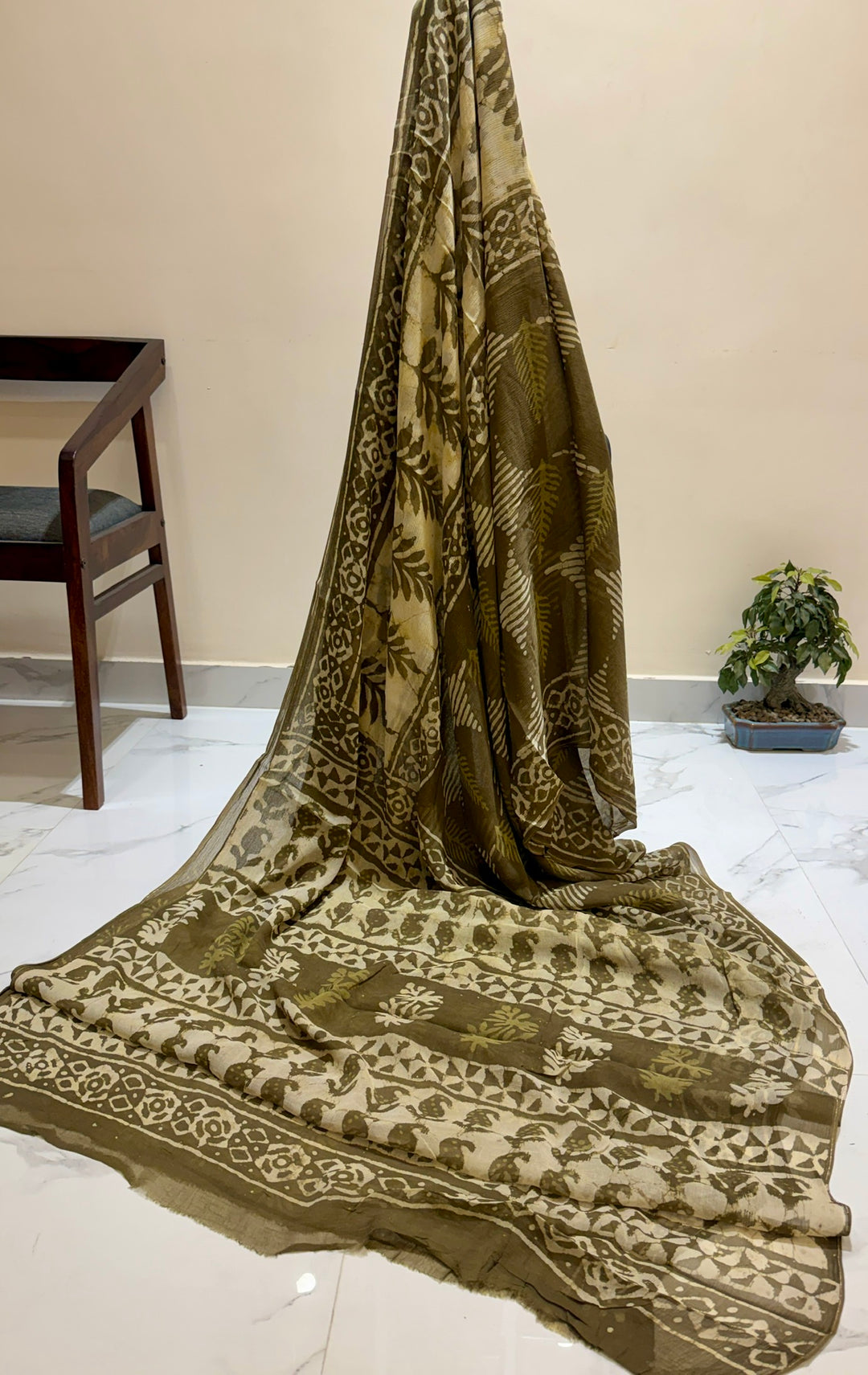 Premium Handblock printed Pure Double Diamond Chiffon saree  - Olive green daabu