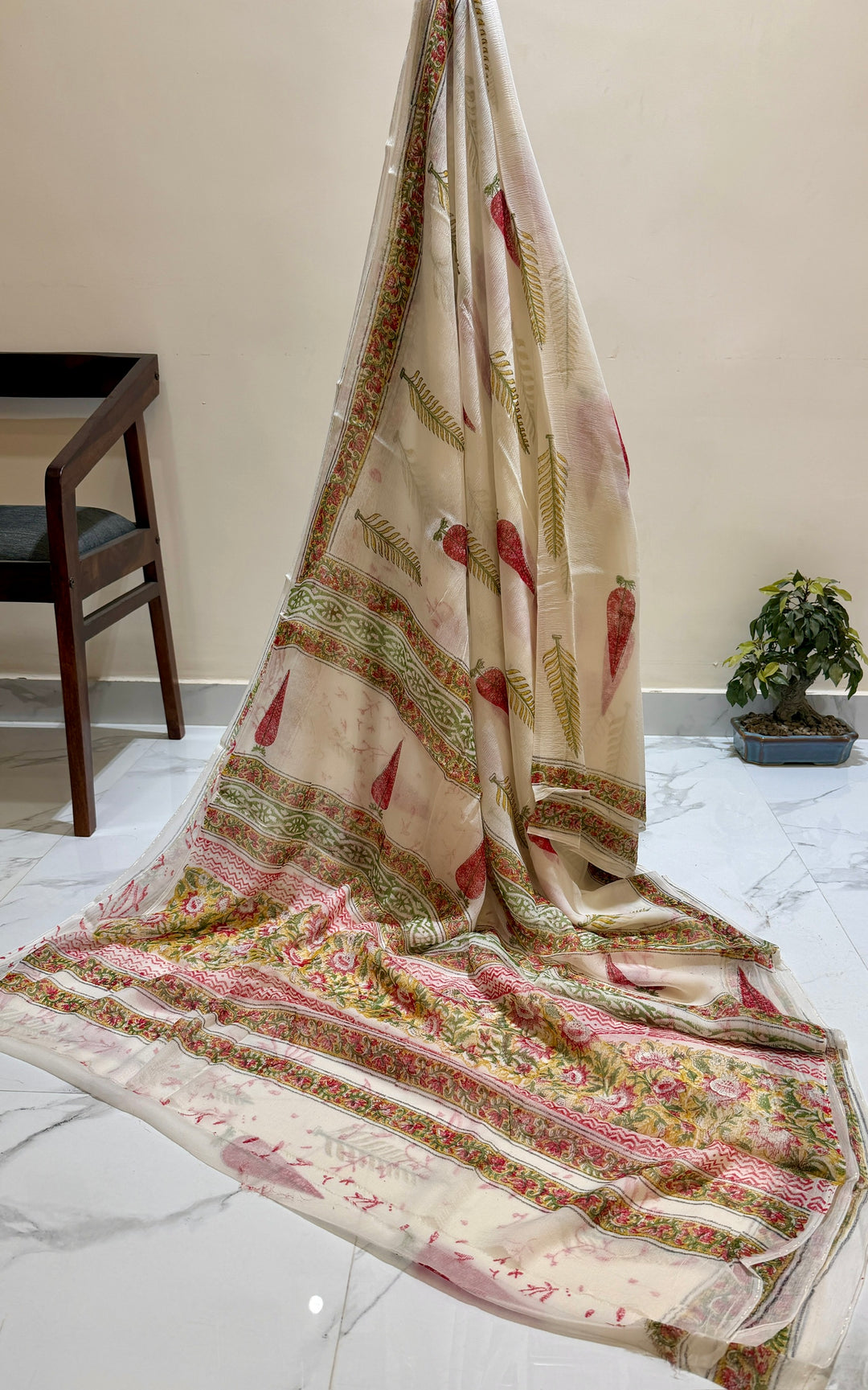 Premium Handblock printed Pure Double Diamond Chiffon saree  - Cream base pigment print
