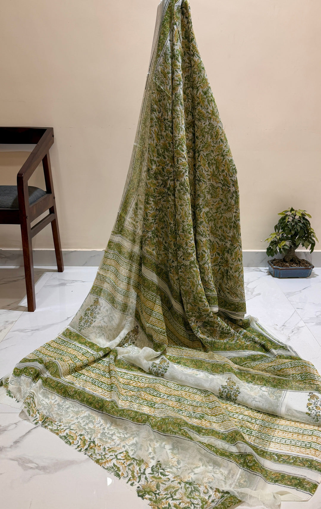 Premium Handblock printed Pure Double Diamond Chiffon saree  - White base with green print