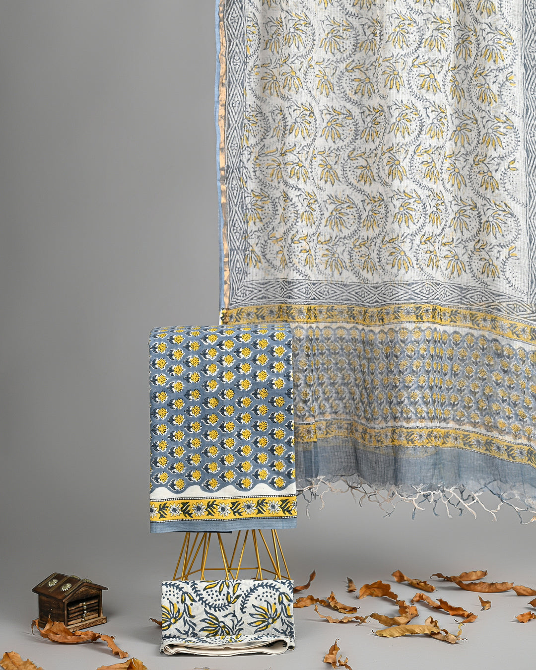 Premium Handblock Printed Pure Cotton 3 Piece Suit with Kota Doria Dupatta – Powder Blue Floral Elegance