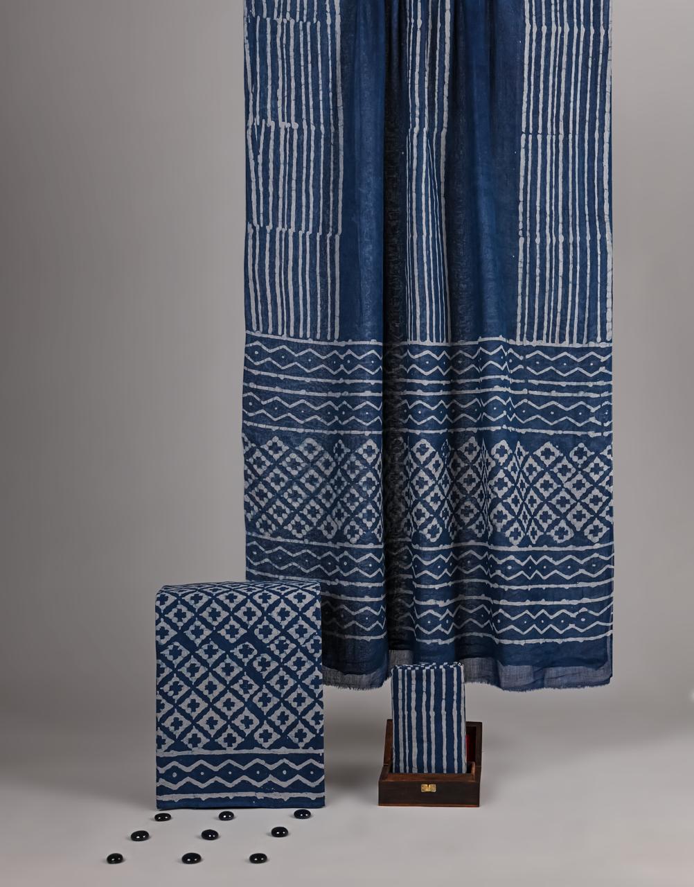 Indigo Handblock Printed Pure Cotton Suit Set - Geometric Diamond & Stripe Pattern