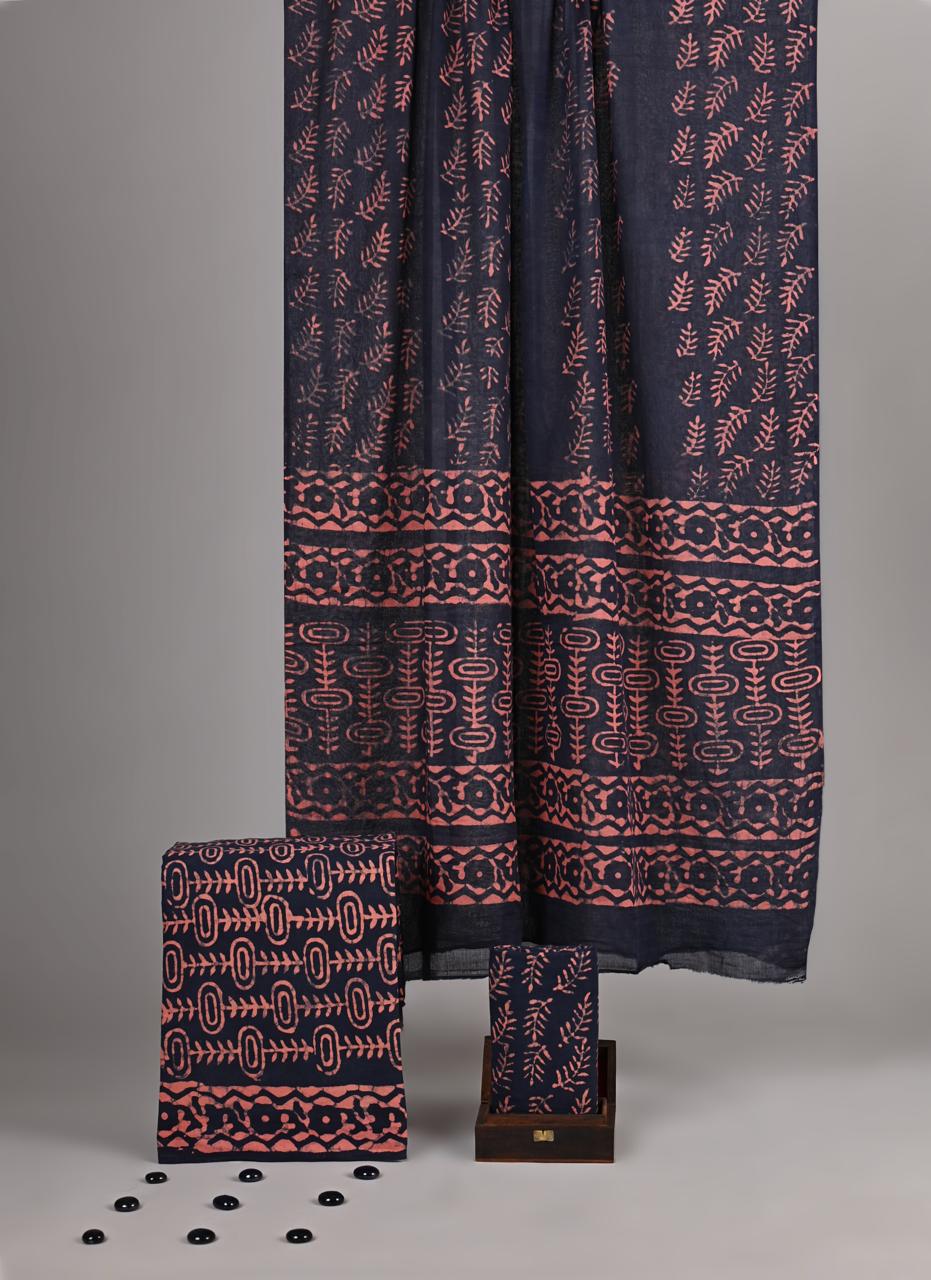 Navy Blue & Terracotta Handblock Printed Cotton Suit - Traditional Leaf & Abstract Motif