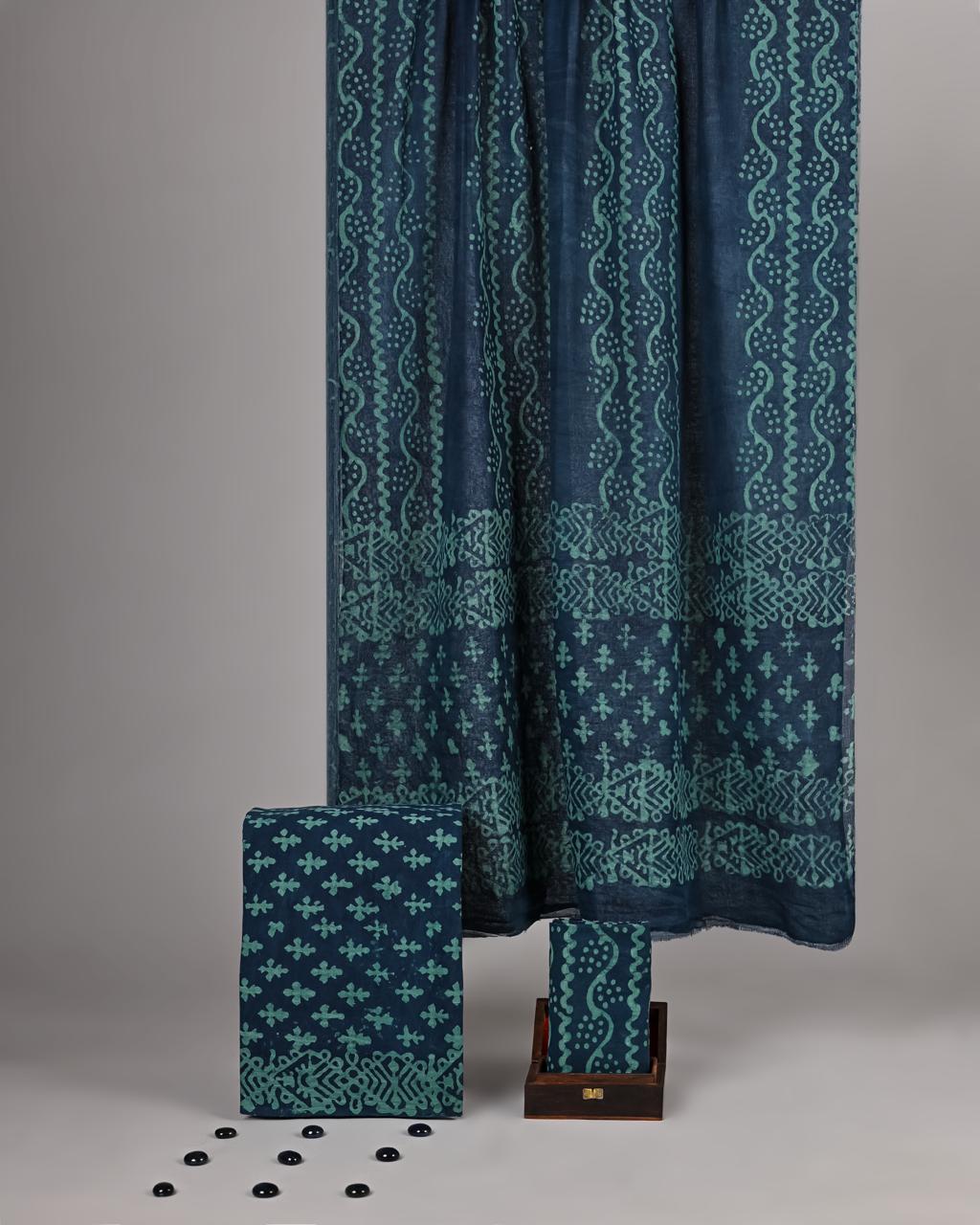 Deep Teal Handblock Printed Cotton Suit Set - Seafoam Green Wave & Floral Border