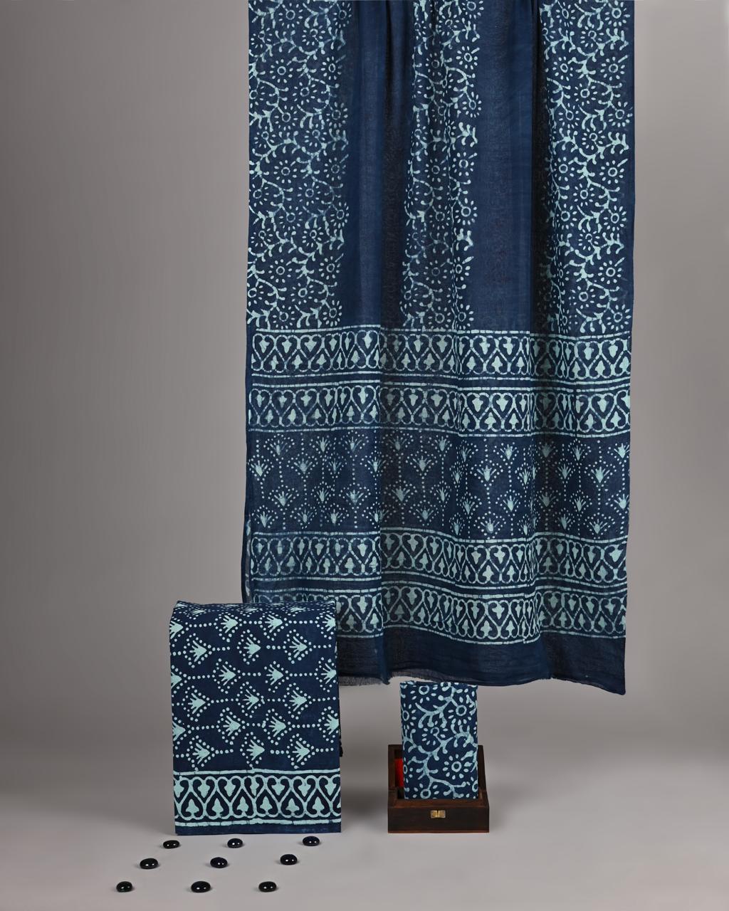 Classic Indigo Handblock Printed Cotton Suit - Intricate White Floral Vine & Border Print