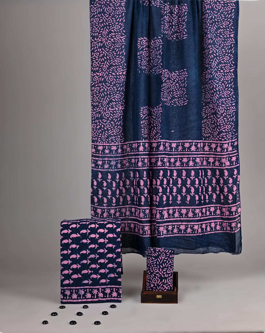 Indigo & Pink Handblock Printed Pure Cotton Suit - Palm Tree & Tropical Leaf Pattern
