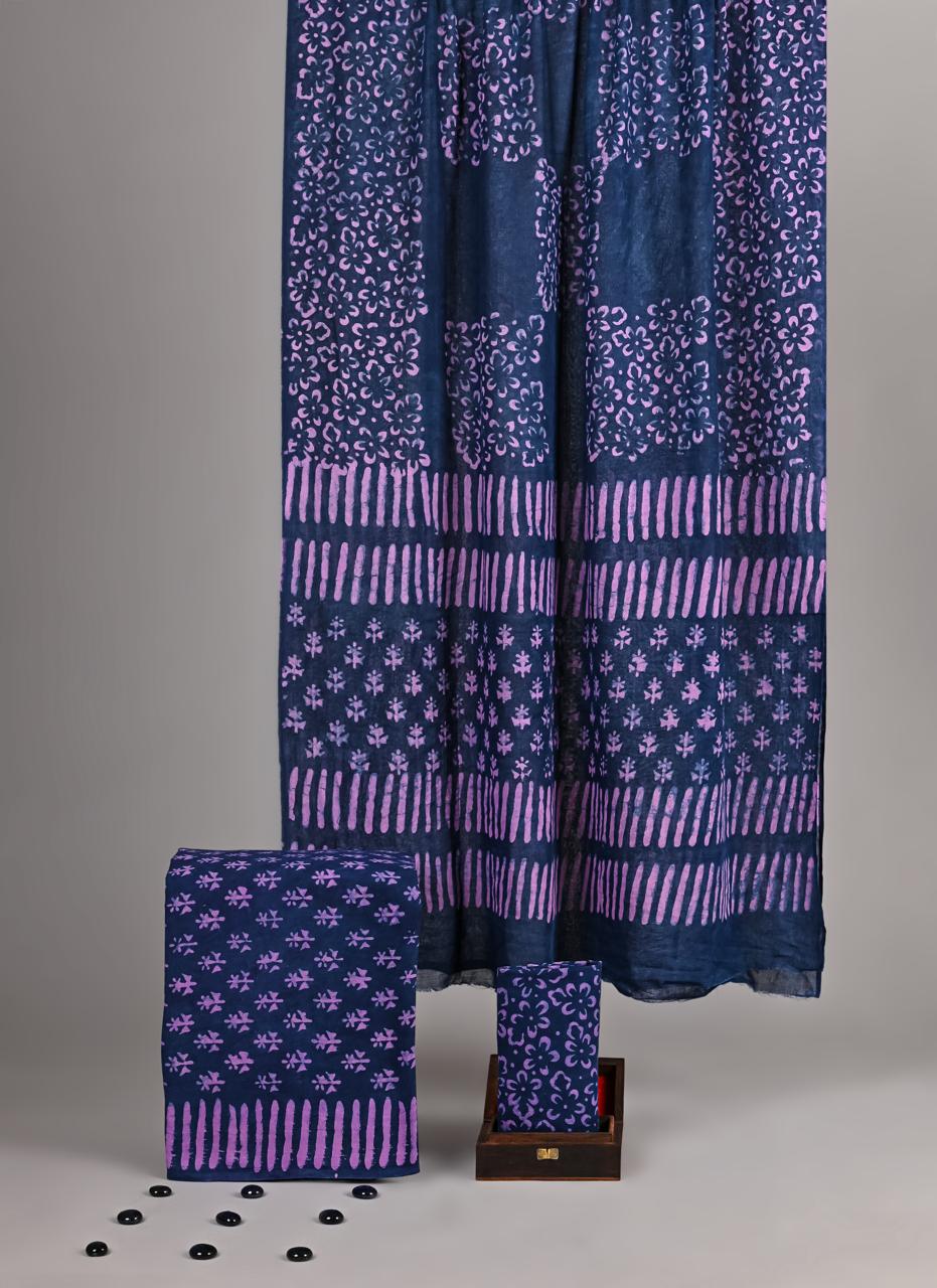 Navy & Lavender Handblock Printed Cotton Suit - Floral Cluster & Linear Stripe Design