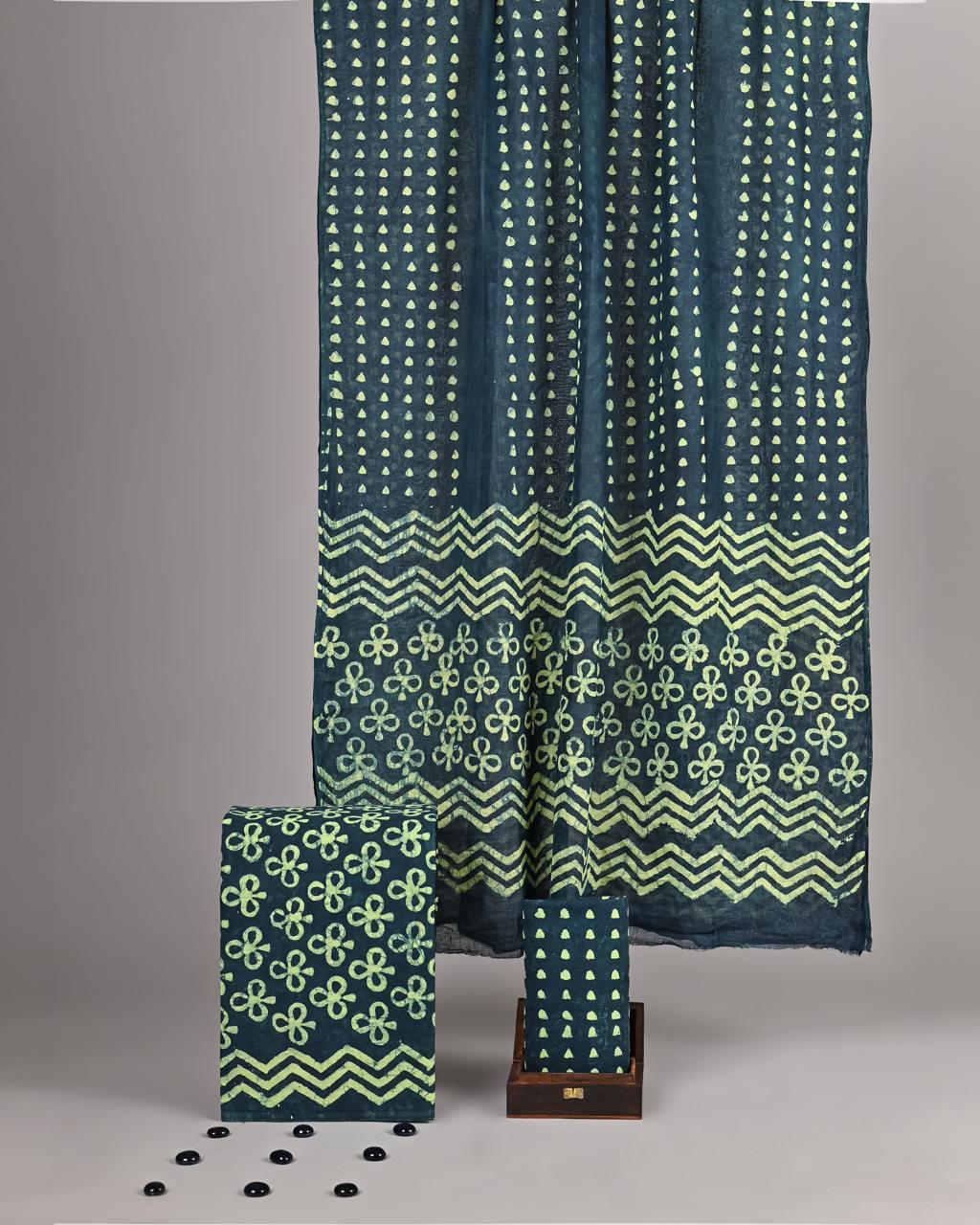 Forest Green & Lime Handblock Printed Cotton Suit - Clover Leaf & Zig-Zag Geometric