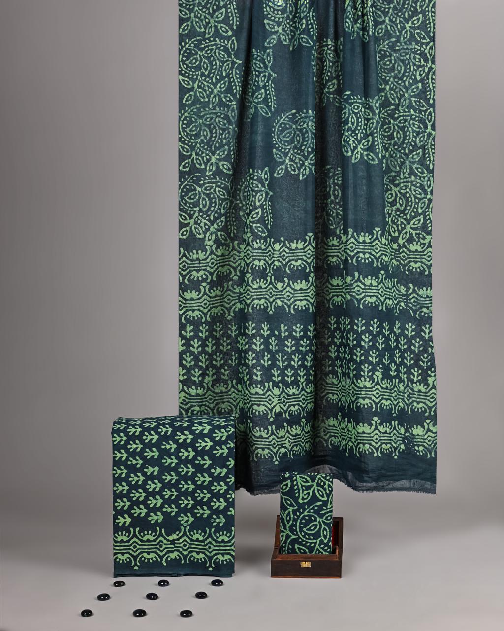 Dark Emerald Handblock Printed Pure Cotton Suit - Mint Green Paisley & Foliage Print