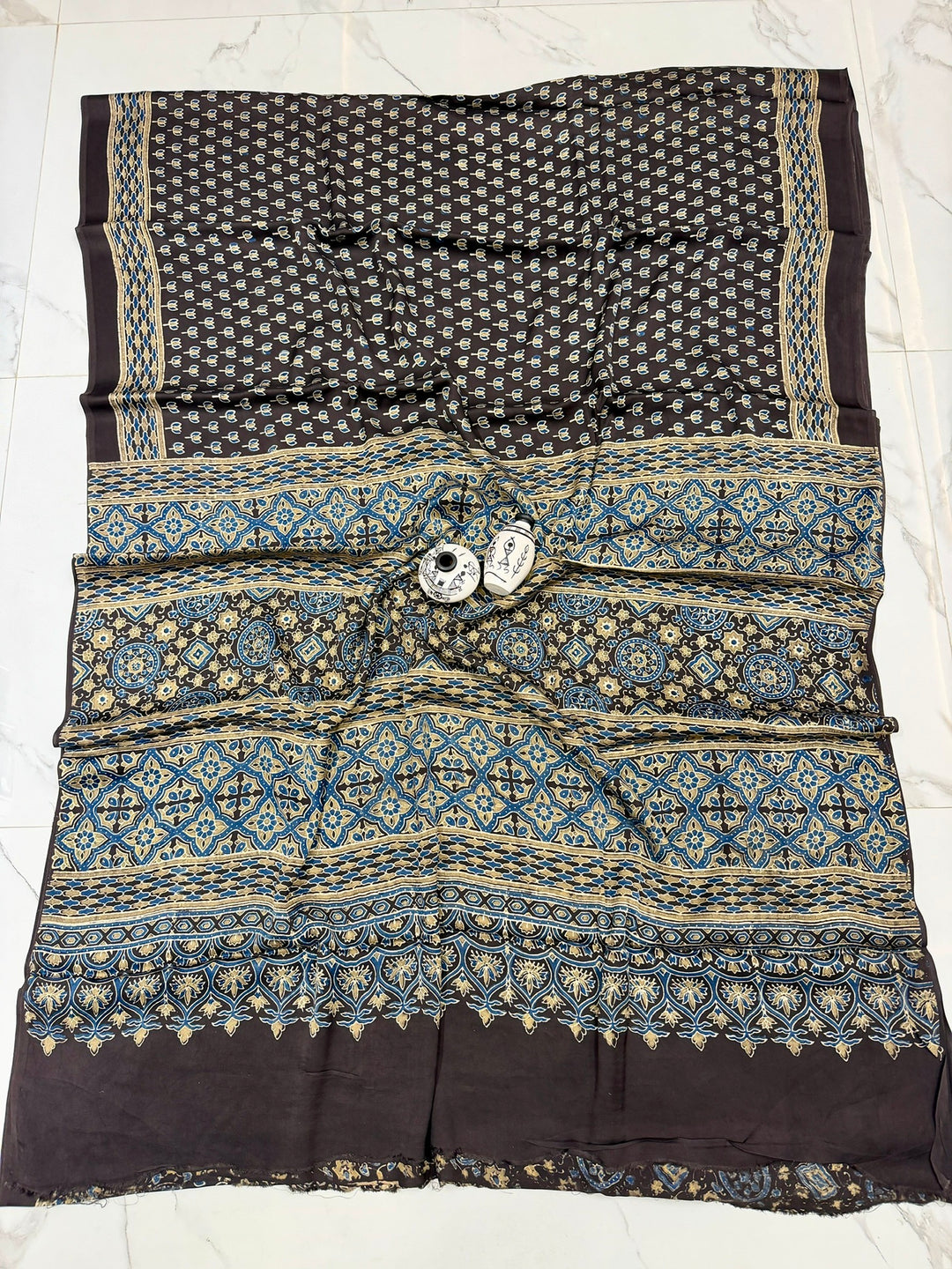 Jahota Booti Pure Modal Silk Ajrakh Handblock Printed Saree - Black and blue
