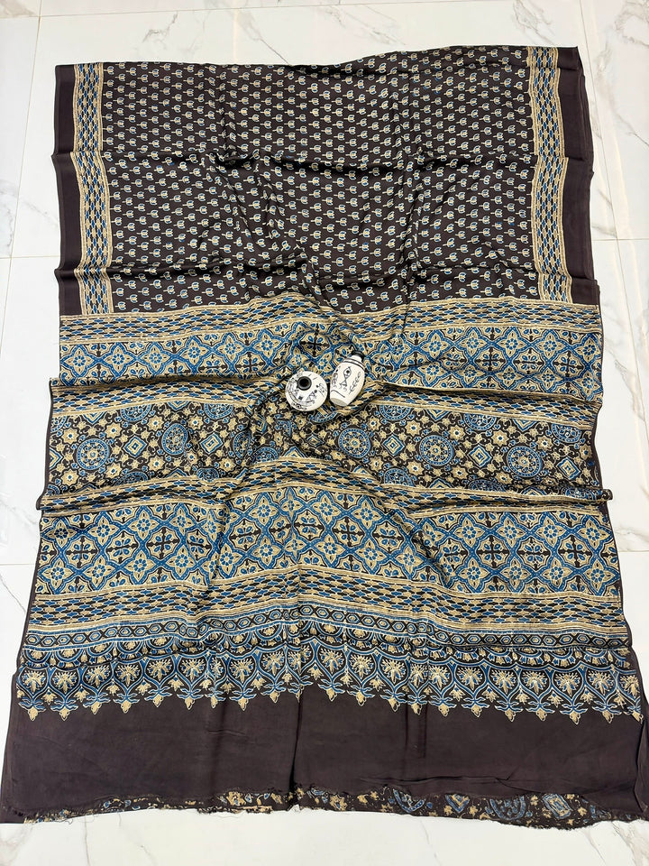Jahota Booti Pure Modal Silk Ajrakh Handblock Printed Saree - Black and blue