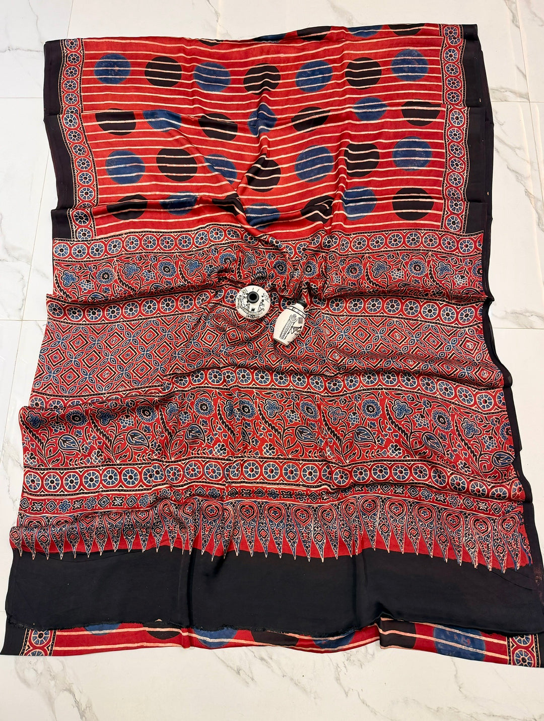 Geometrical Pure Modal Silk Ajrakh Handblock Printed Saree Red & Black