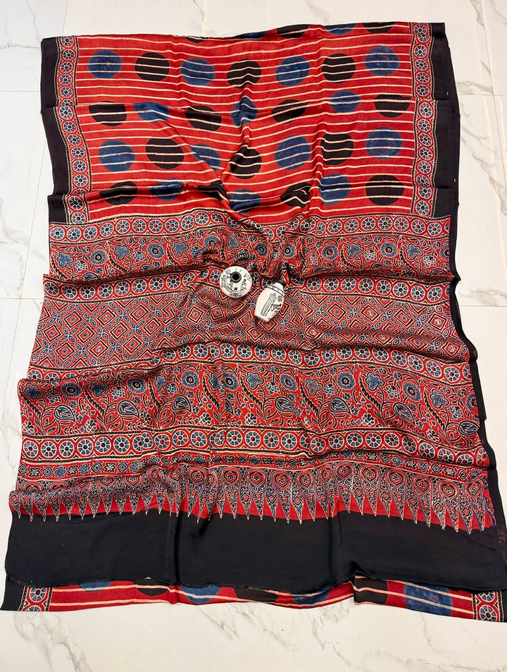 Geometrical Pure Modal Silk Ajrakh Handblock Printed Saree Red & Black