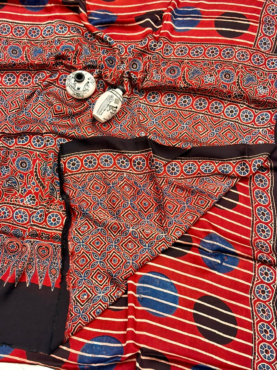Geometrical Pure Modal Silk Ajrakh Handblock Printed Saree Red & Black