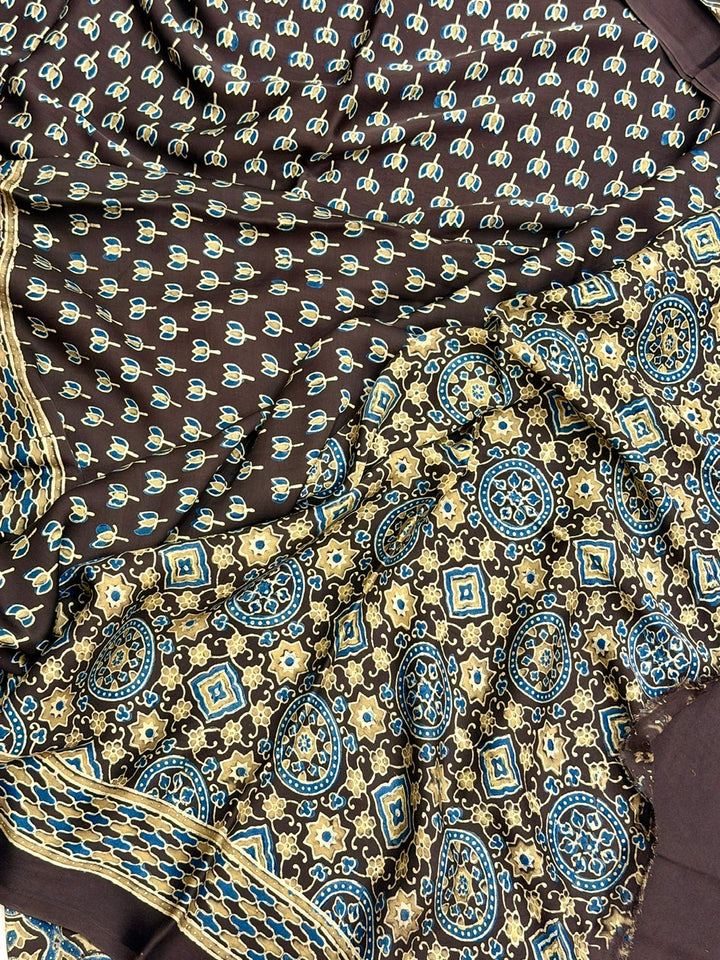 Jahota Booti Pure Modal Silk Ajrakh Handblock Printed Saree - Black and blue
