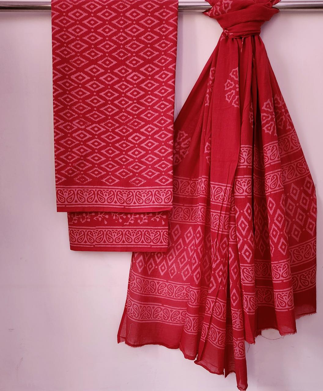 Red Handblock Printed Cotton Unstitched Suit Set with Malmal Dupatta