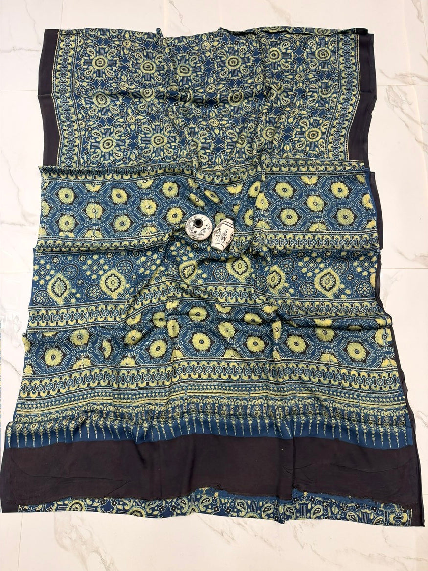Teal Blue Pure Modal Silk Ajrakh Handblock Printed Saree with Mustard Combination