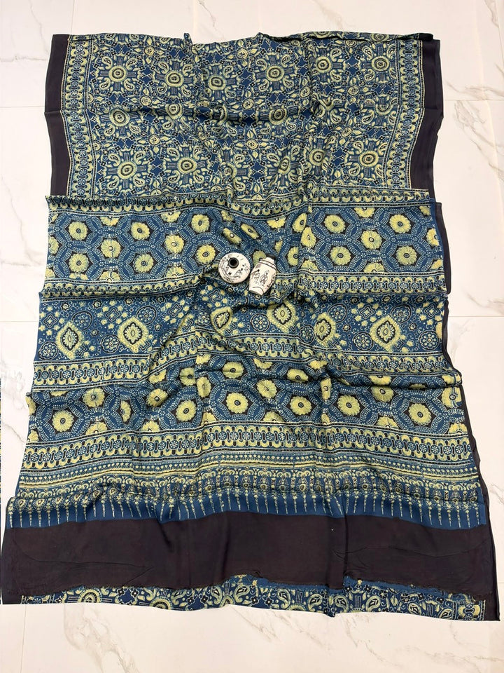 Teal Blue Pure Modal Silk Ajrakh Handblock Printed Saree with Mustard Combination