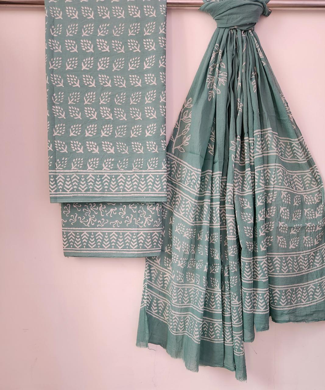 Sage Green Handblock Floral Print Cotton Suit Set with Border Detail